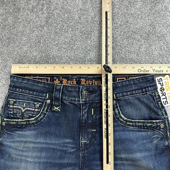 Rock Revival Jeans Mens 32x33 Blue Kirk Side Alt Straight Distressed Stitch - Picture 9 of 15